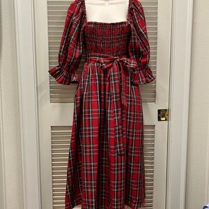Christmas Plaid Smocked Midi Dress